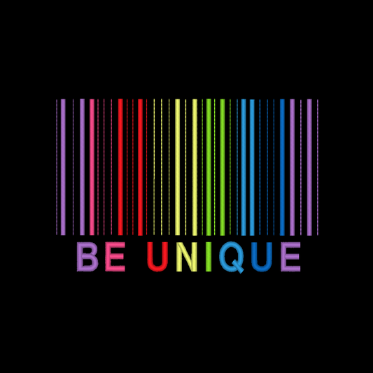 Embroidery design featuring a rainbow barcode with the phrase 'Be unique' below