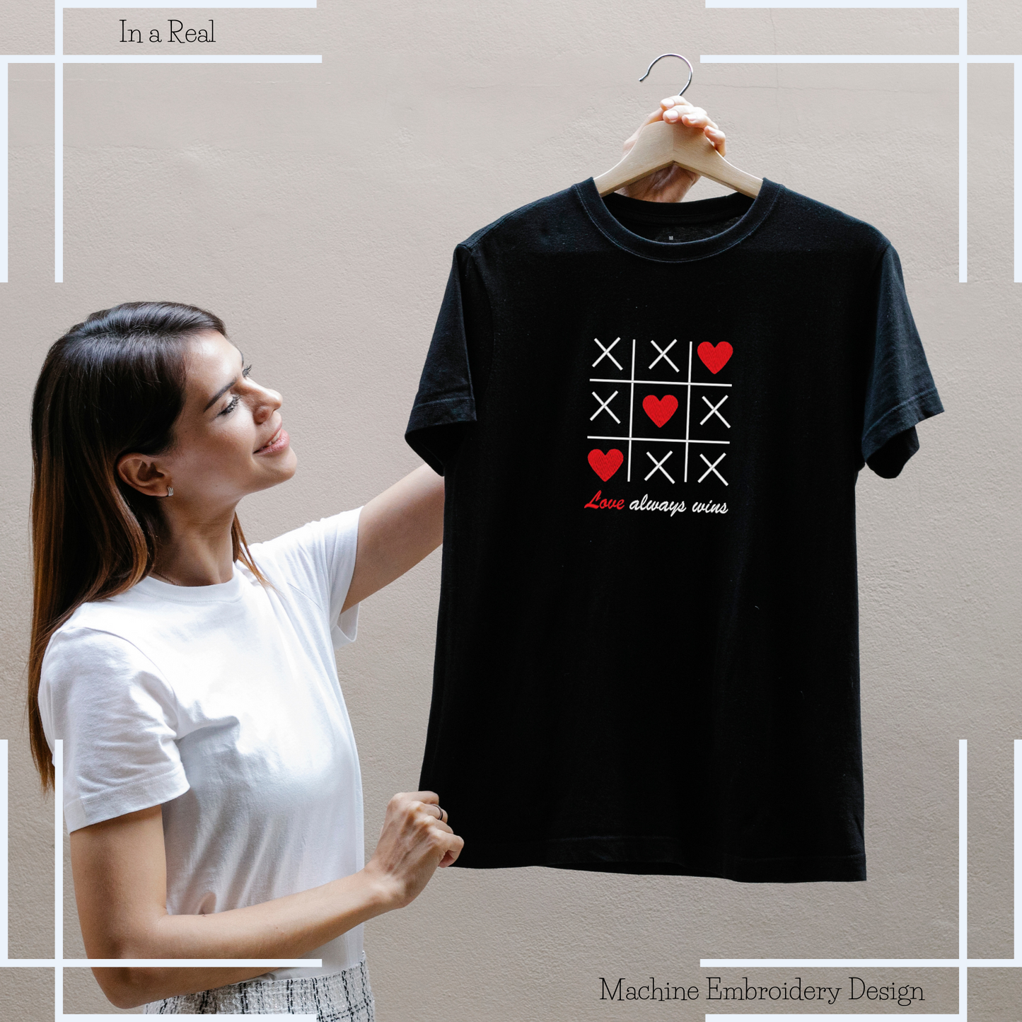 "Love Always Wins" Valentine's Tic Tac Toe Machine Embroidery Design is featured on a T-shirt