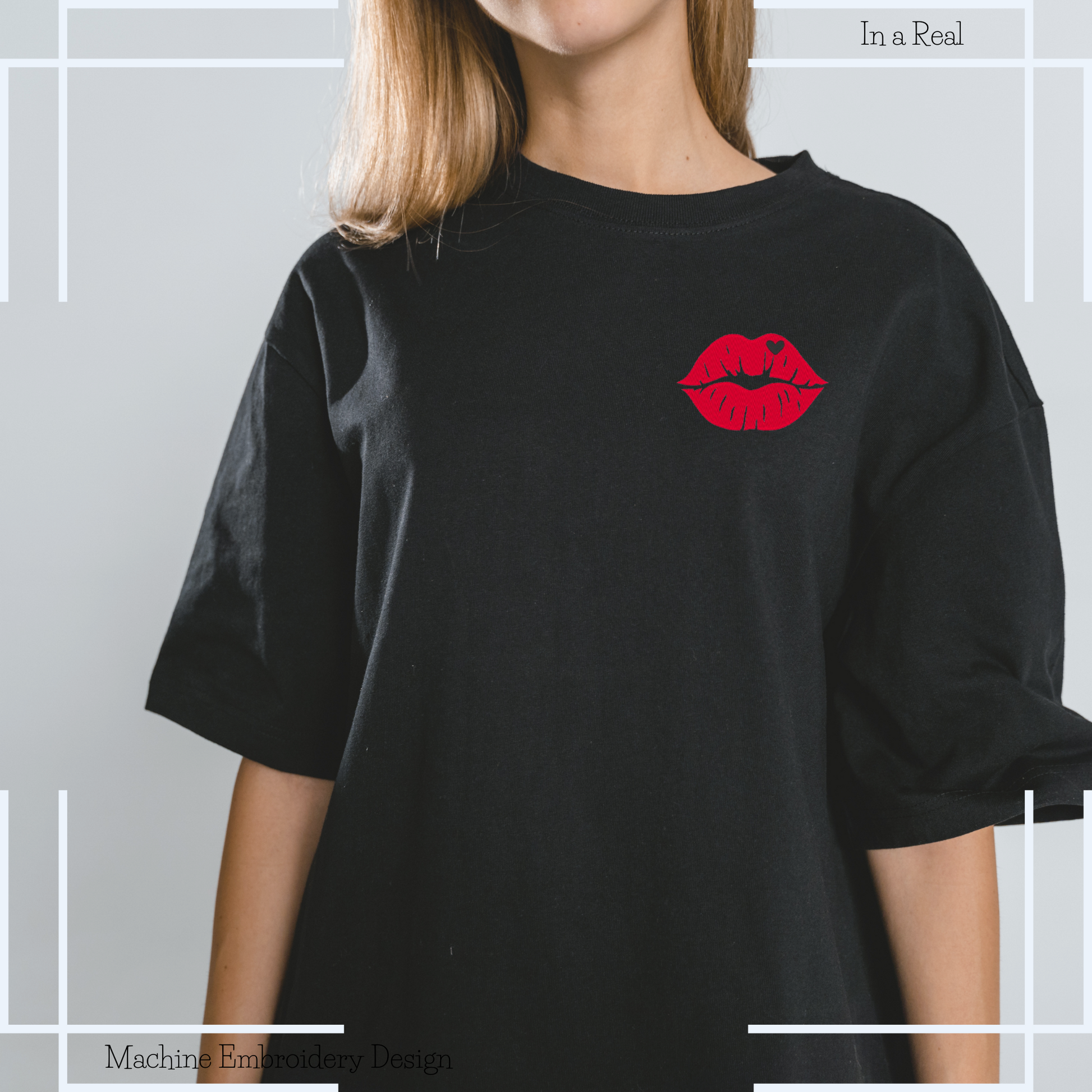 Displaying the Kiss Mark Machine Embroidery Design on a T-Shirt