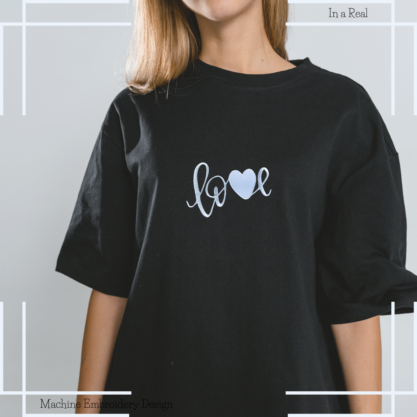 Love with Heart appliqué embroidery design featured on a T-Shirt