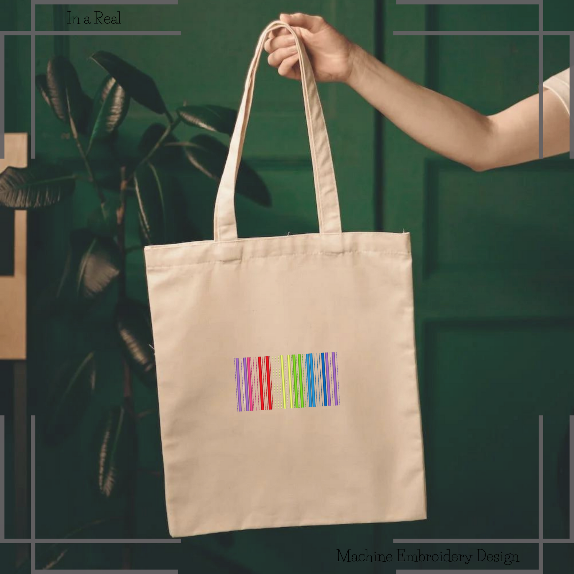 Embroidery design featuring a rainbow barcode with the phrase 'Be unique' below, displayed on a tote bag