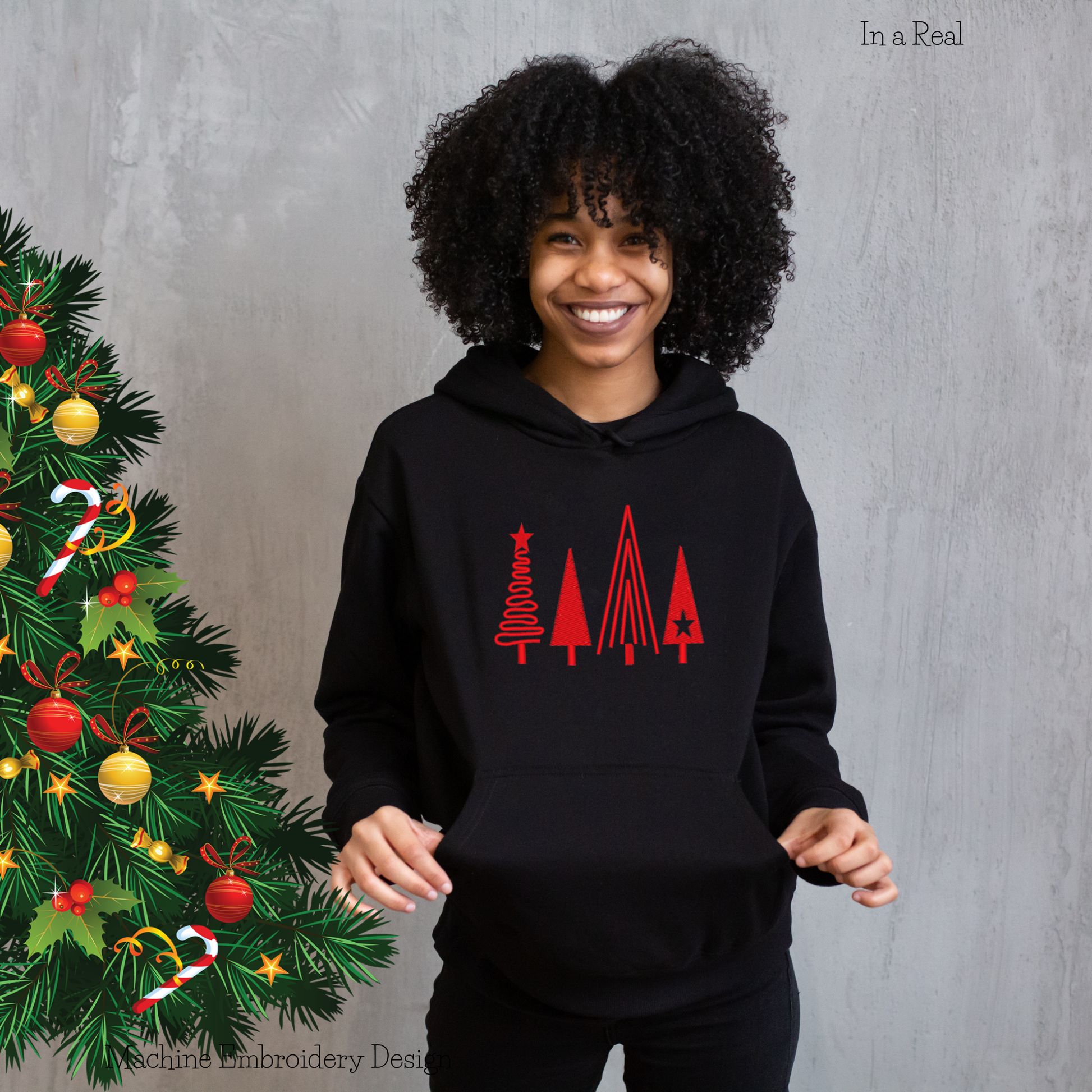 Christmas Trees Machine Embroidery Design Displayed on a Hoodie