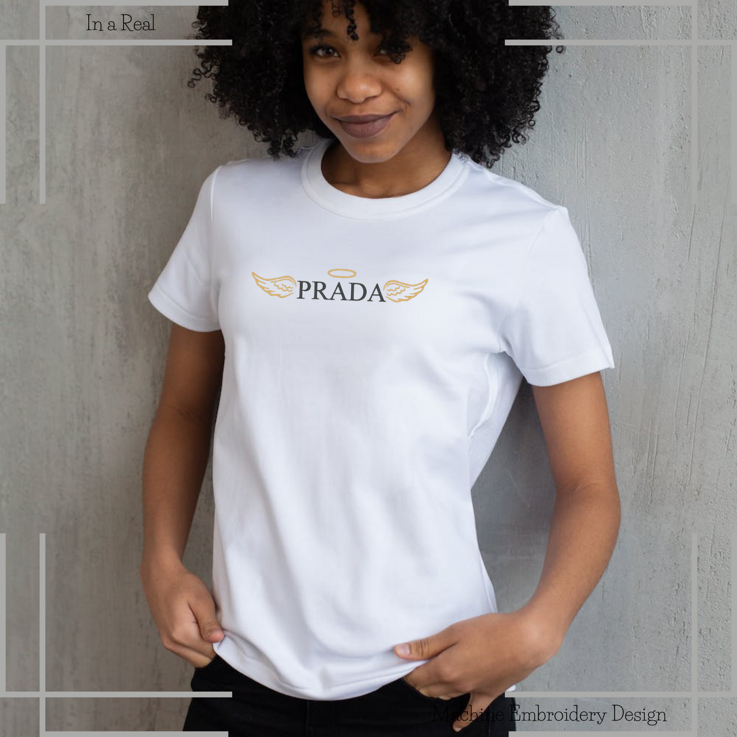 Prada logo parody machine embroidery design with angel wings and a halo displayed on a T-Shirt