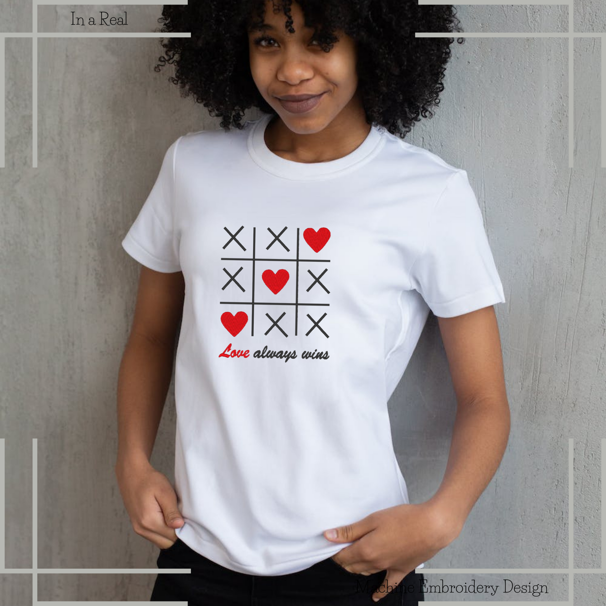 "Love Always Wins" Valentine's Tic Tac Toe Machine Embroidery Design is featured on a T-shirt