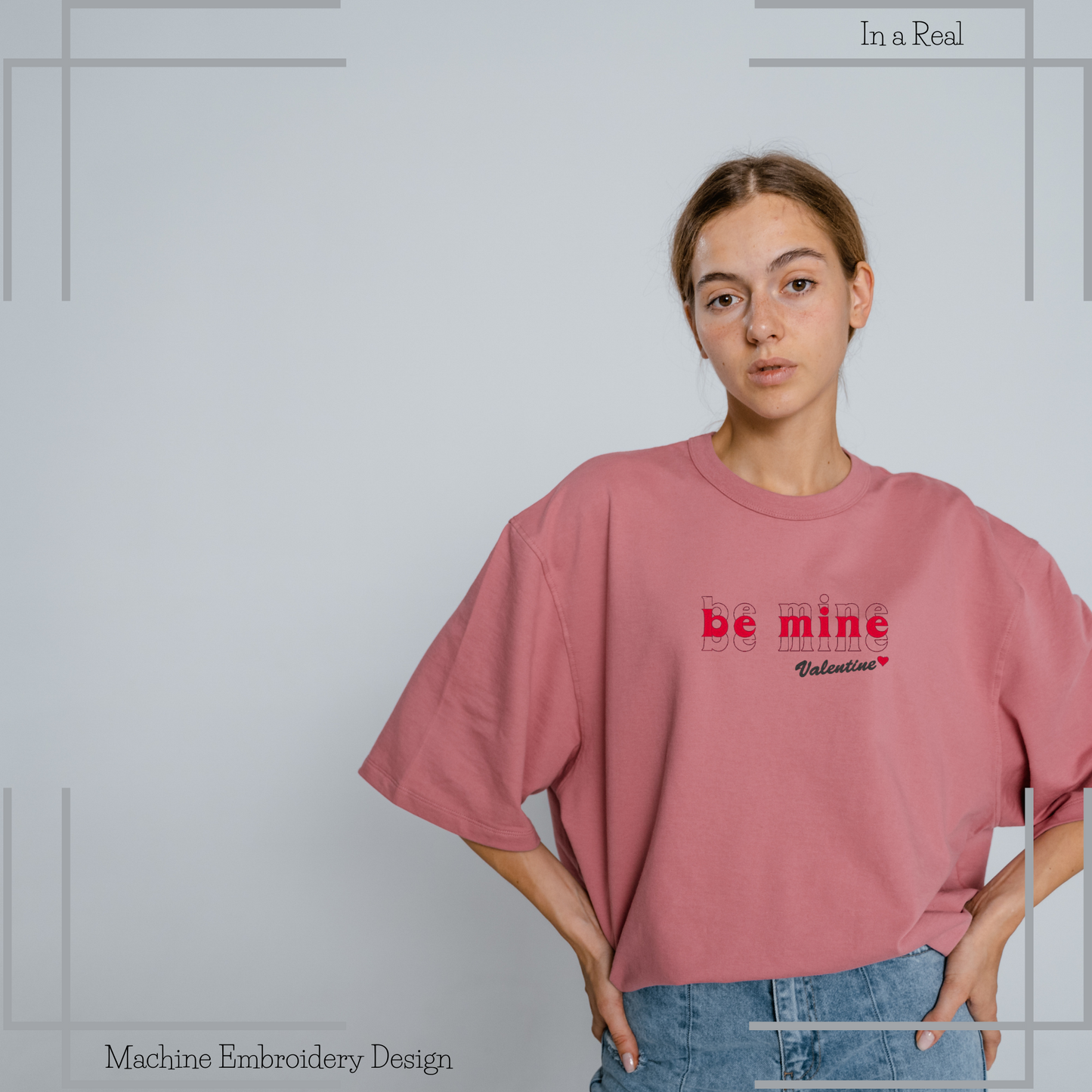 The 'Be Mine Valentine' Machine Embroidery Design is showcased on a T-Shirt