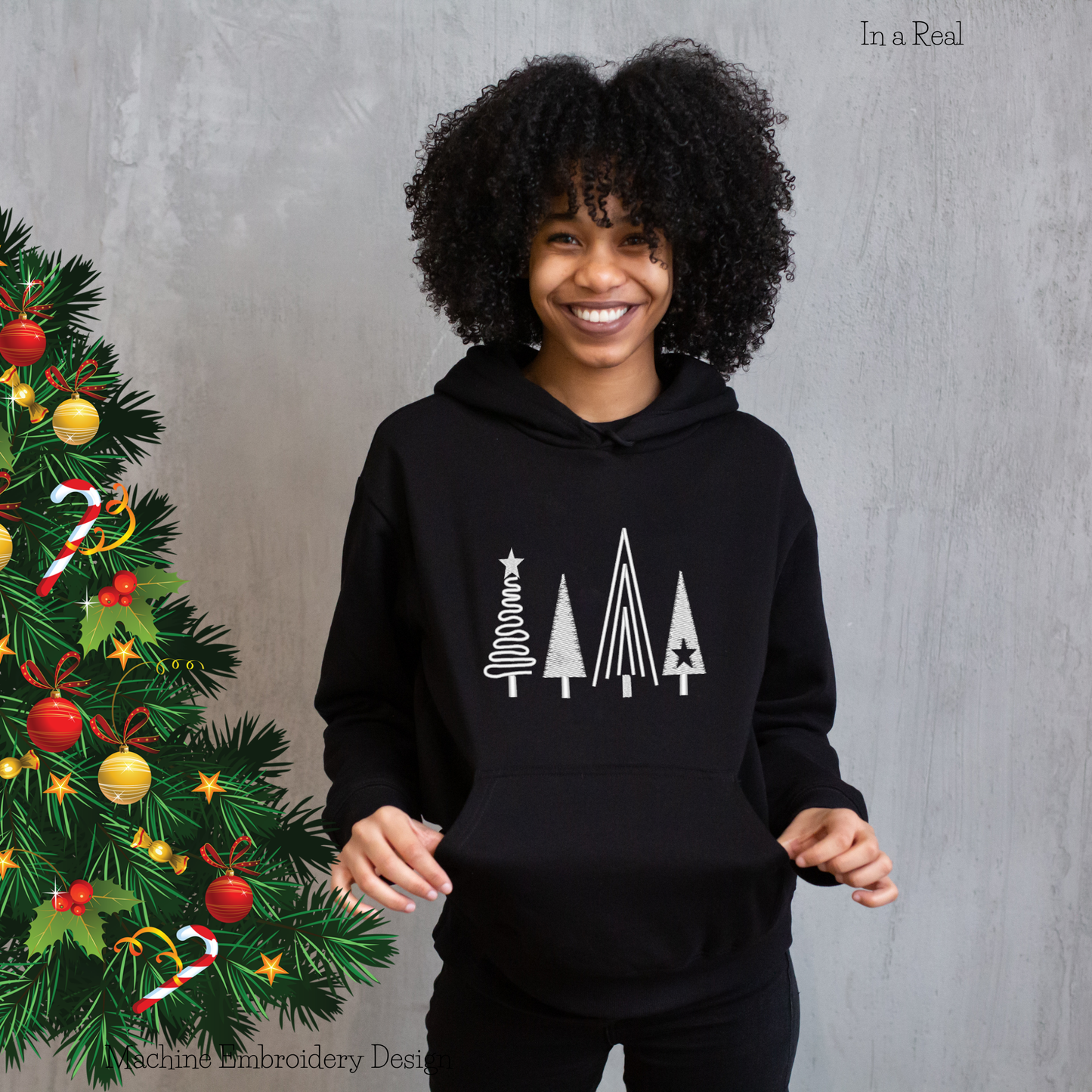 Christmas Trees Machine Embroidery Design Displayed on a Hoodie