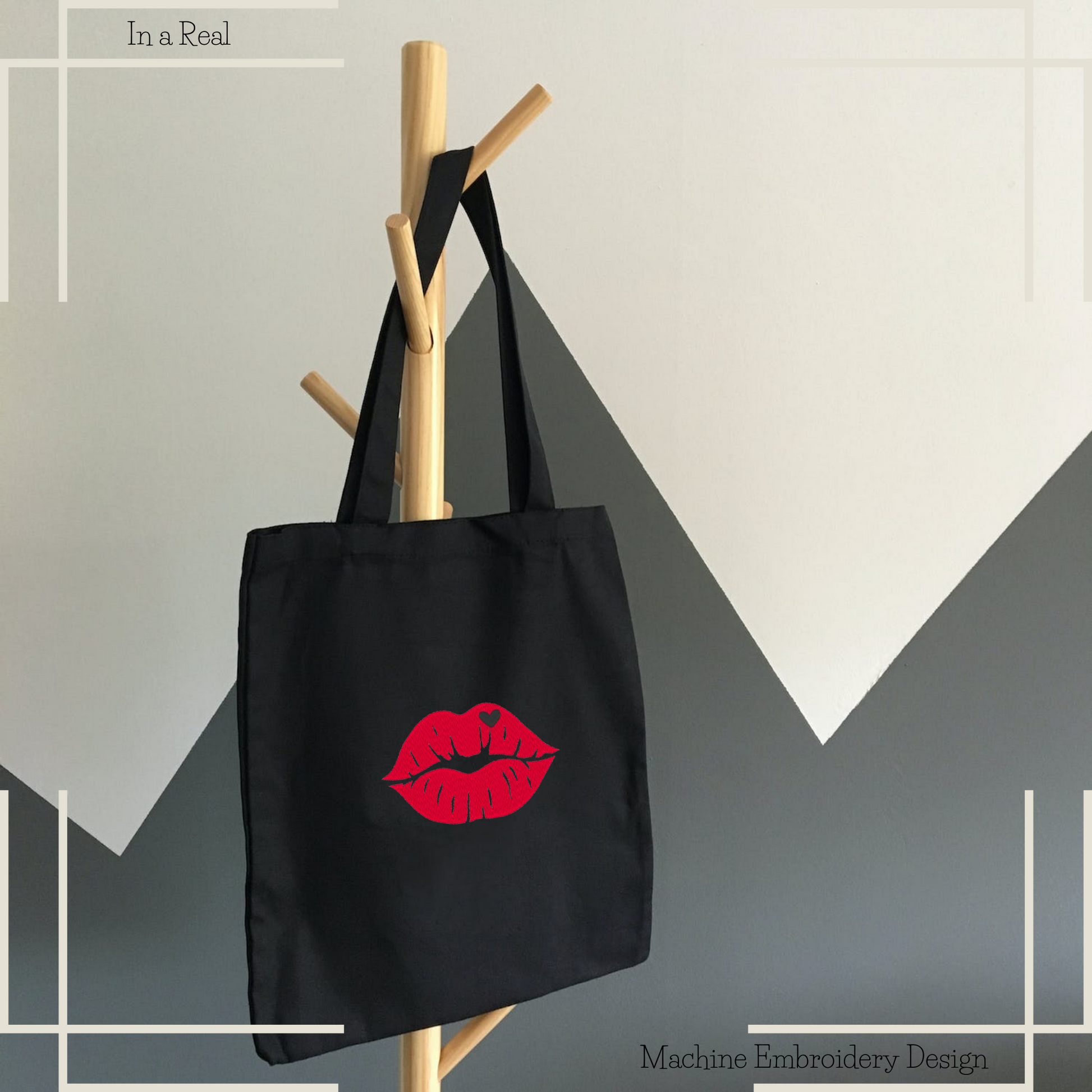 Displaying the Kiss Mark Machine Embroidery Design on a Tote Bag