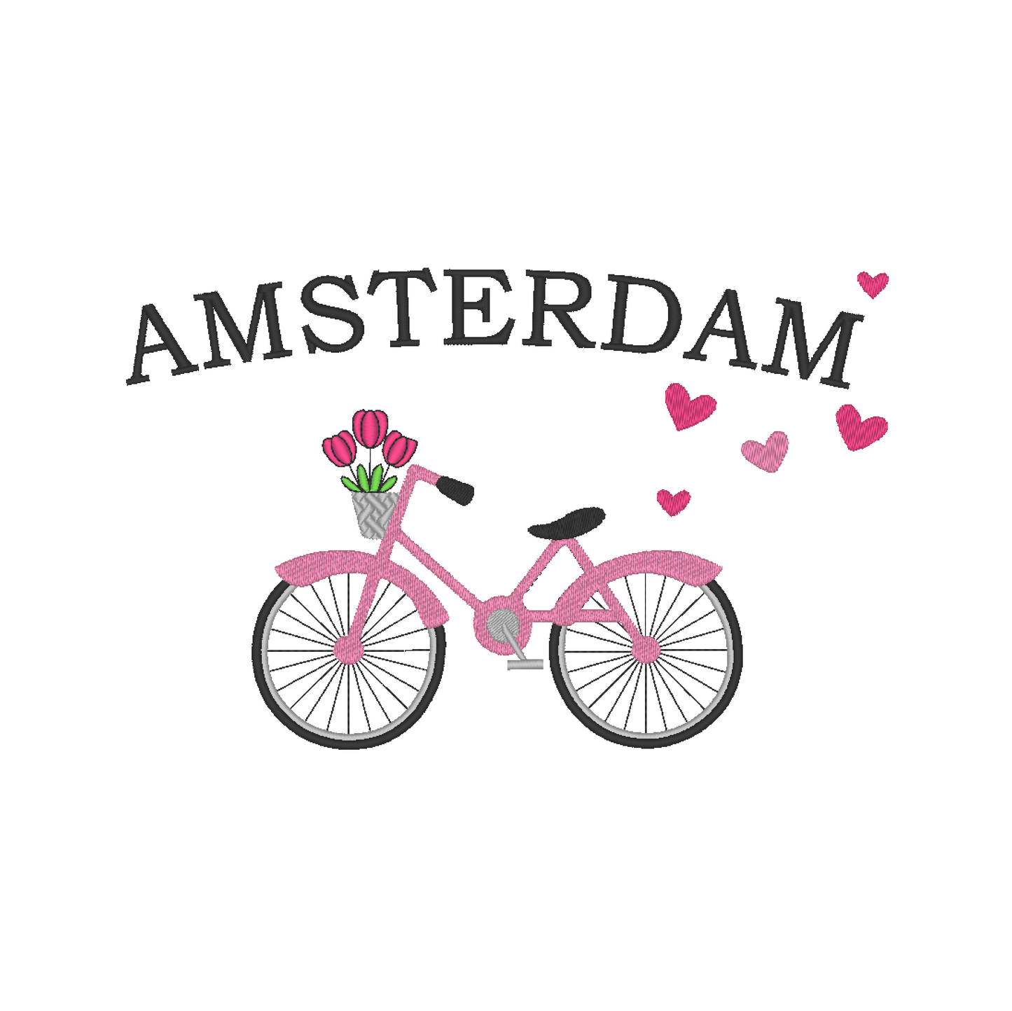 Machine embroidery design adorned with hearts, featuring the written phrase 'AMSTERDAM' and a bicycle carrying tulips in a basket 