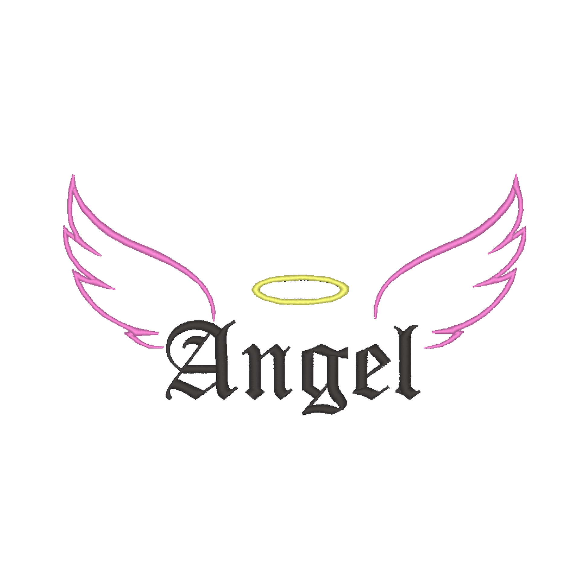 Machine embroidery design: 'Angel' script with detailed wings and radiant nimbus