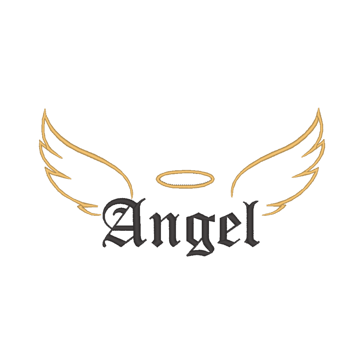 Machine embroidery design: 'Angel' script with detailed wings and radiant nimbus