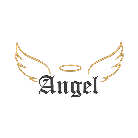 Machine embroidery design: 'Angel' script with detailed wings and radiant nimbus