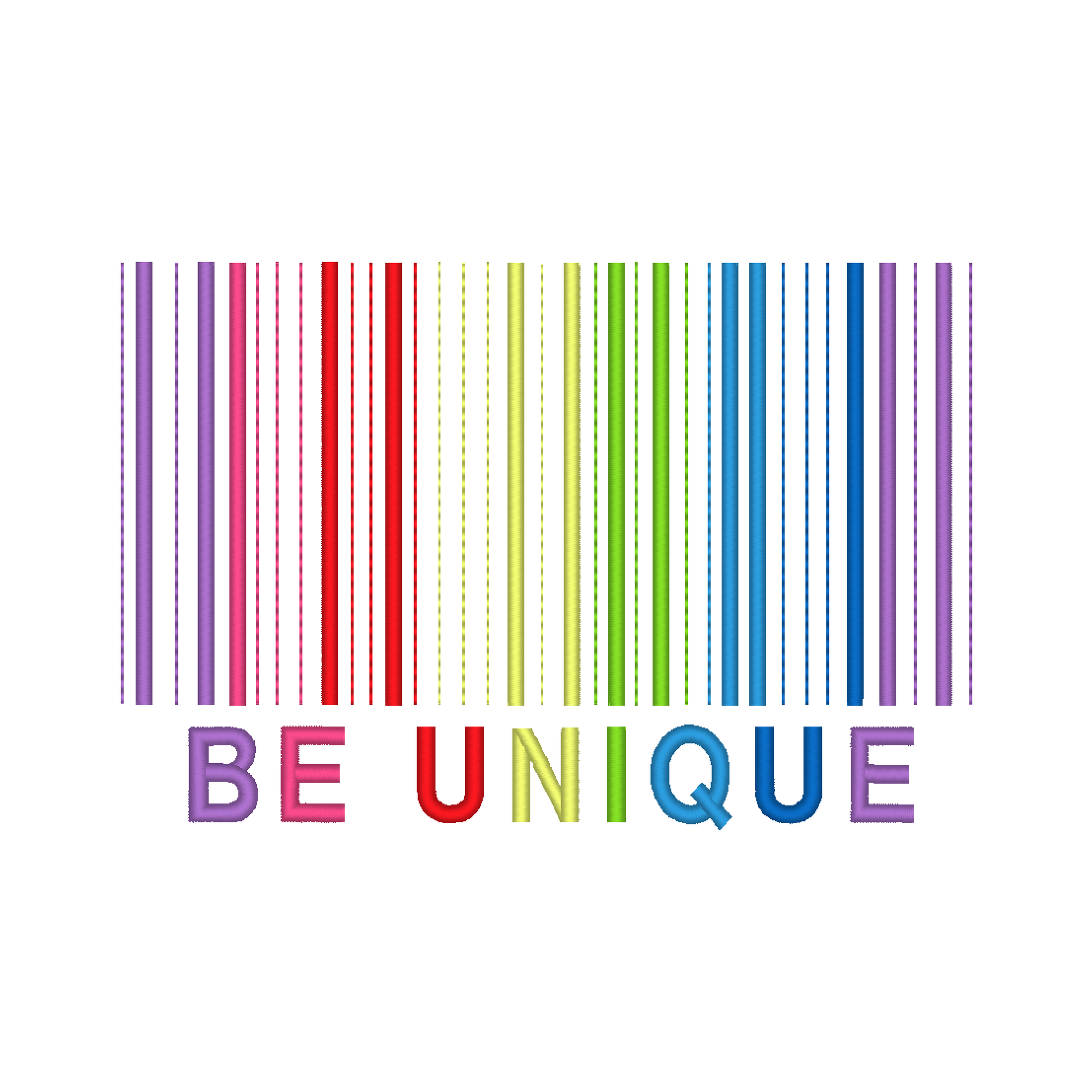 Embroidery design featuring a rainbow barcode with the phrase 'Be unique' below