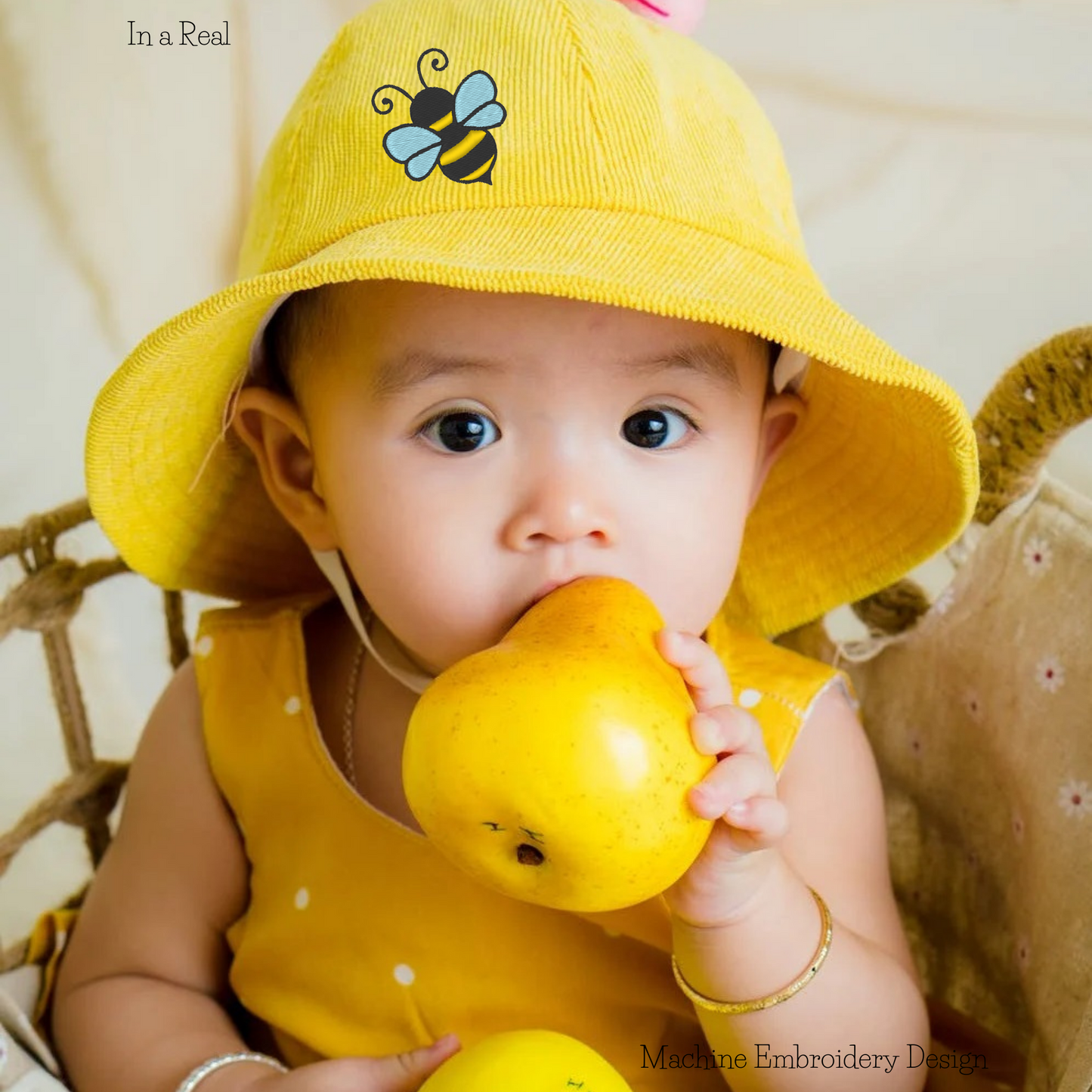 Bee Machine Embroidery Design is displayed on a kid's panama 