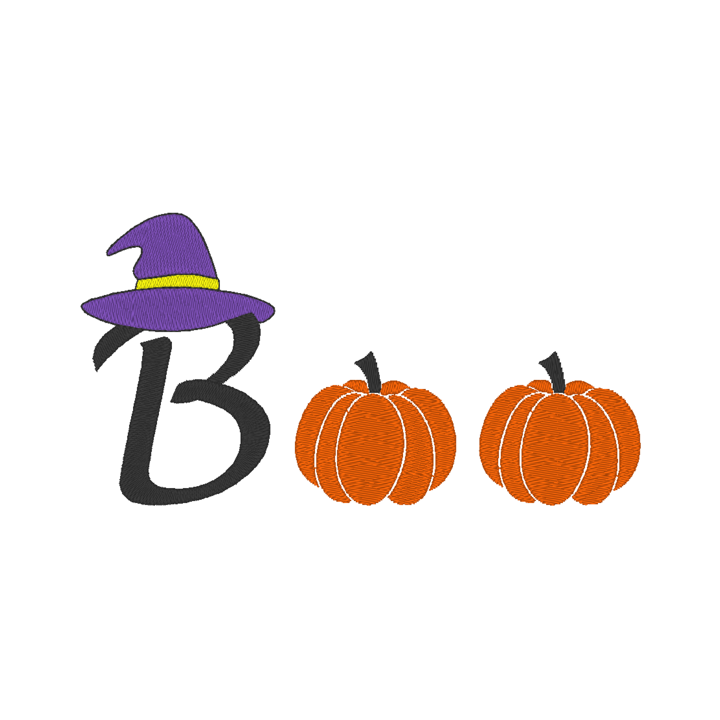 Machine embroidery design: Halloween Boo featuring letter 'B' in a Halloween hat and letters 'O' creatively replaced with pumpkins