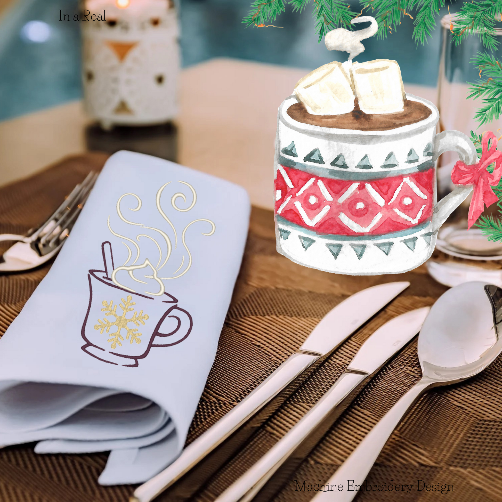 Machine embroidery design of Festive Christmas Coffee Cup with snowflake on the cup is displayed on a napkin