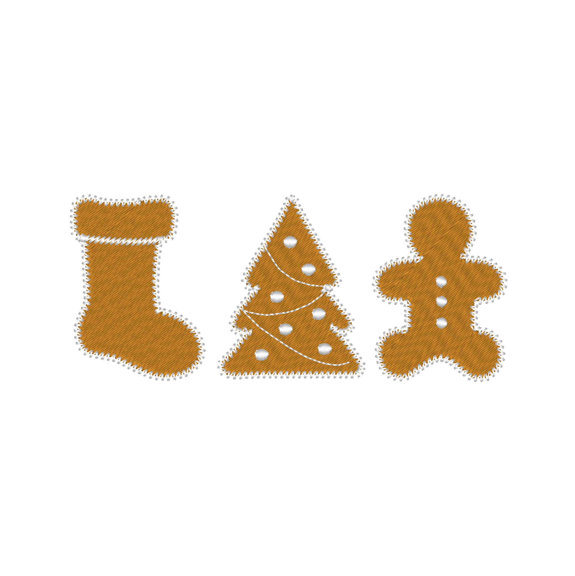 Christmas Cookie Trio machine embroidery design featuring a decorated Christmas tree, a festive stocking, and a gingerbread cookie