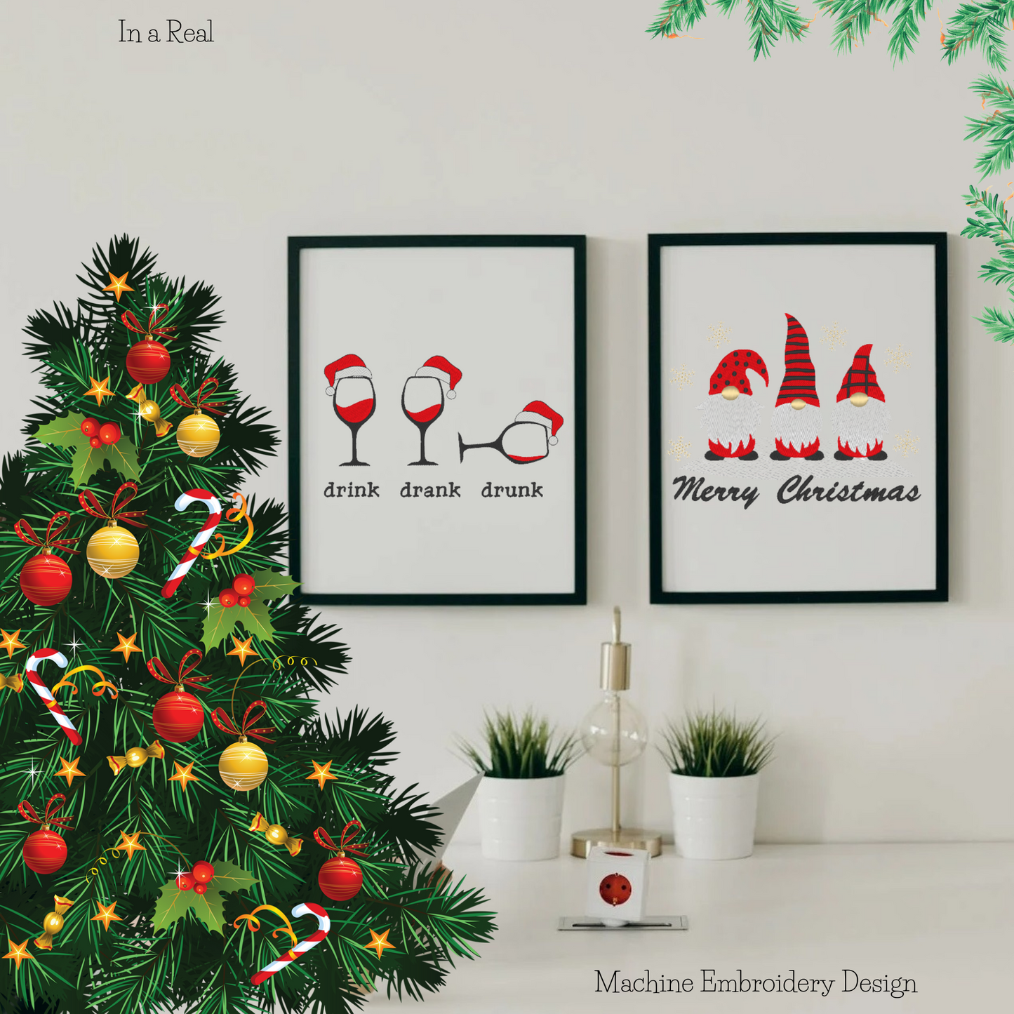 A machine embroidery design featuring three wine glasses wearing Santa's hats, with the words "Drink, Drank, Drunk" embroidered below them is displayed on a wall picture