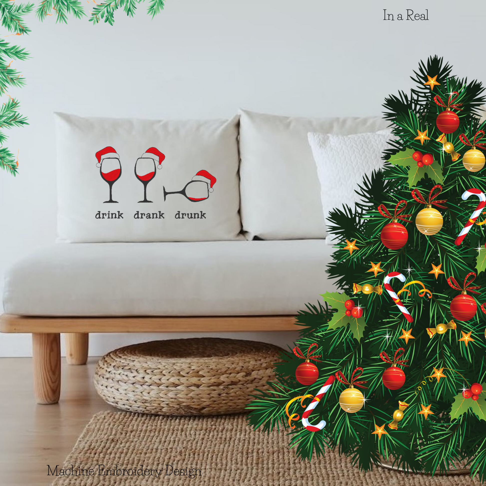 A machine embroidery design featuring three wine glasses wearing Santa's hats, with the words "Drink, Drank, Drunk" embroidered below them is displayed on a decorative pillow