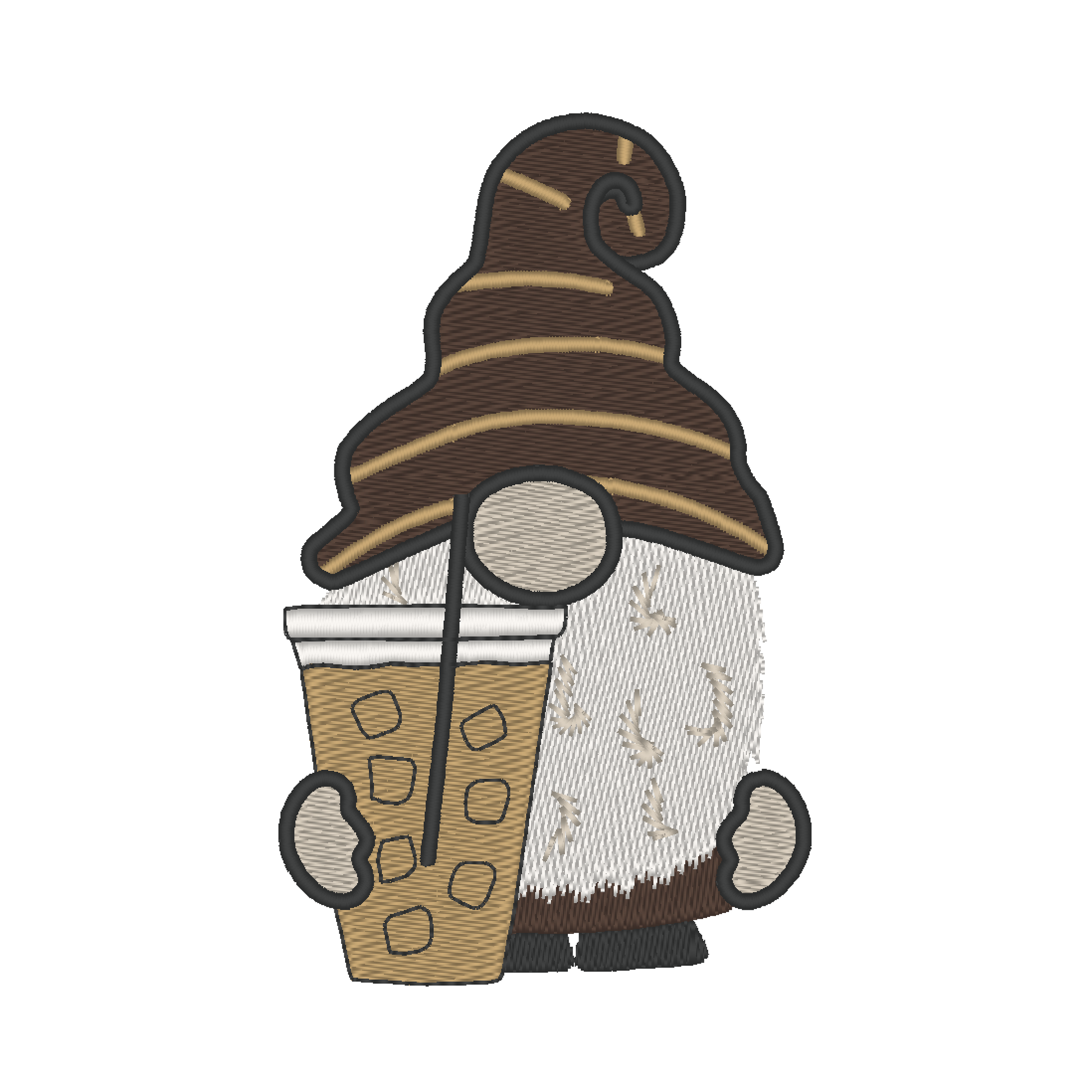 Machine embroidery design: Adorable gnome enjoying iced coffee