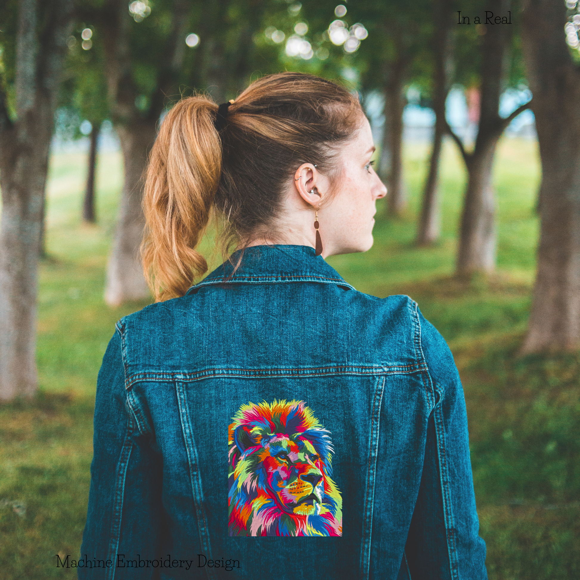 Colorful Lion machine embroidery design on a denim jacket