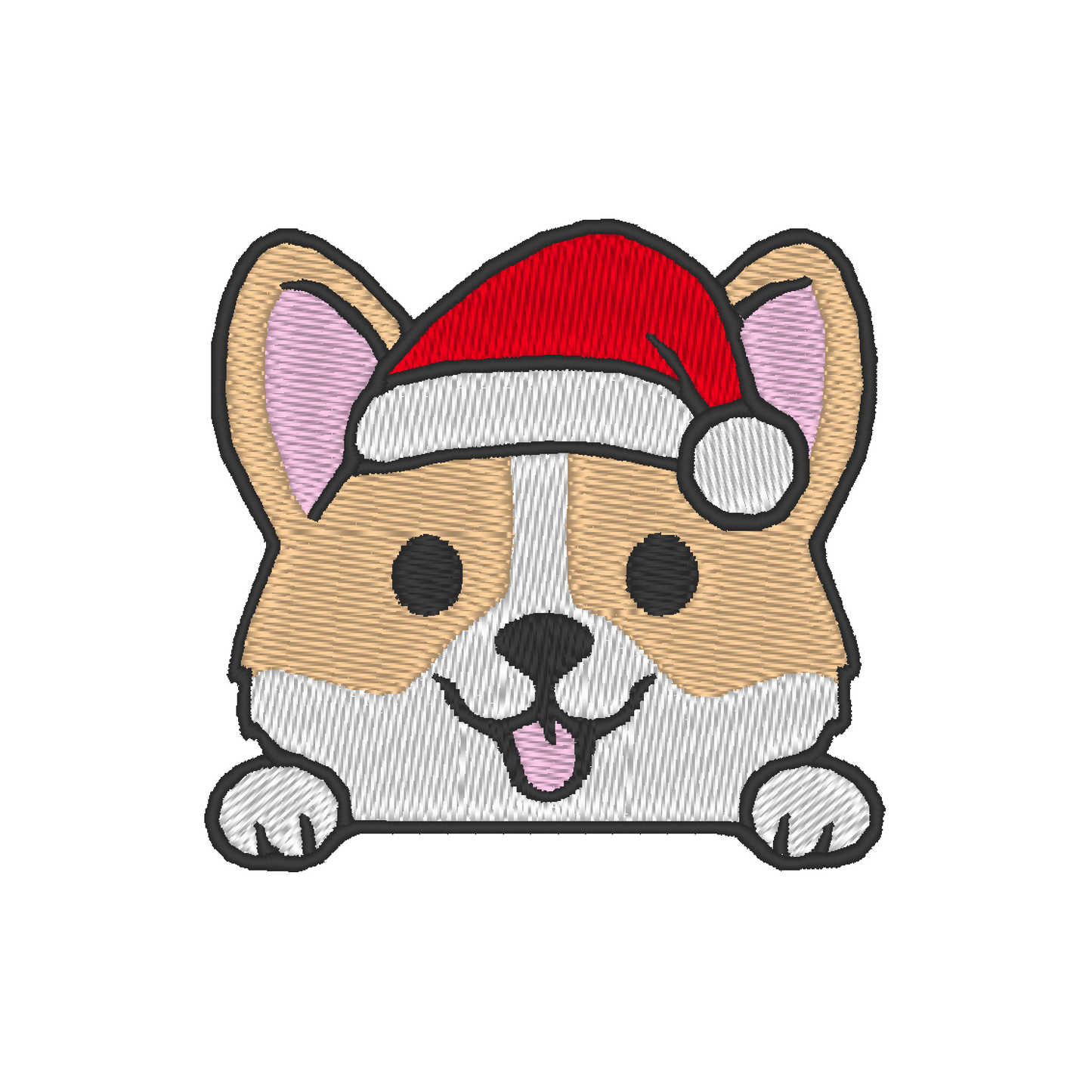 An embroidery design featuring a cheerful Corgi wearing a Santa hat