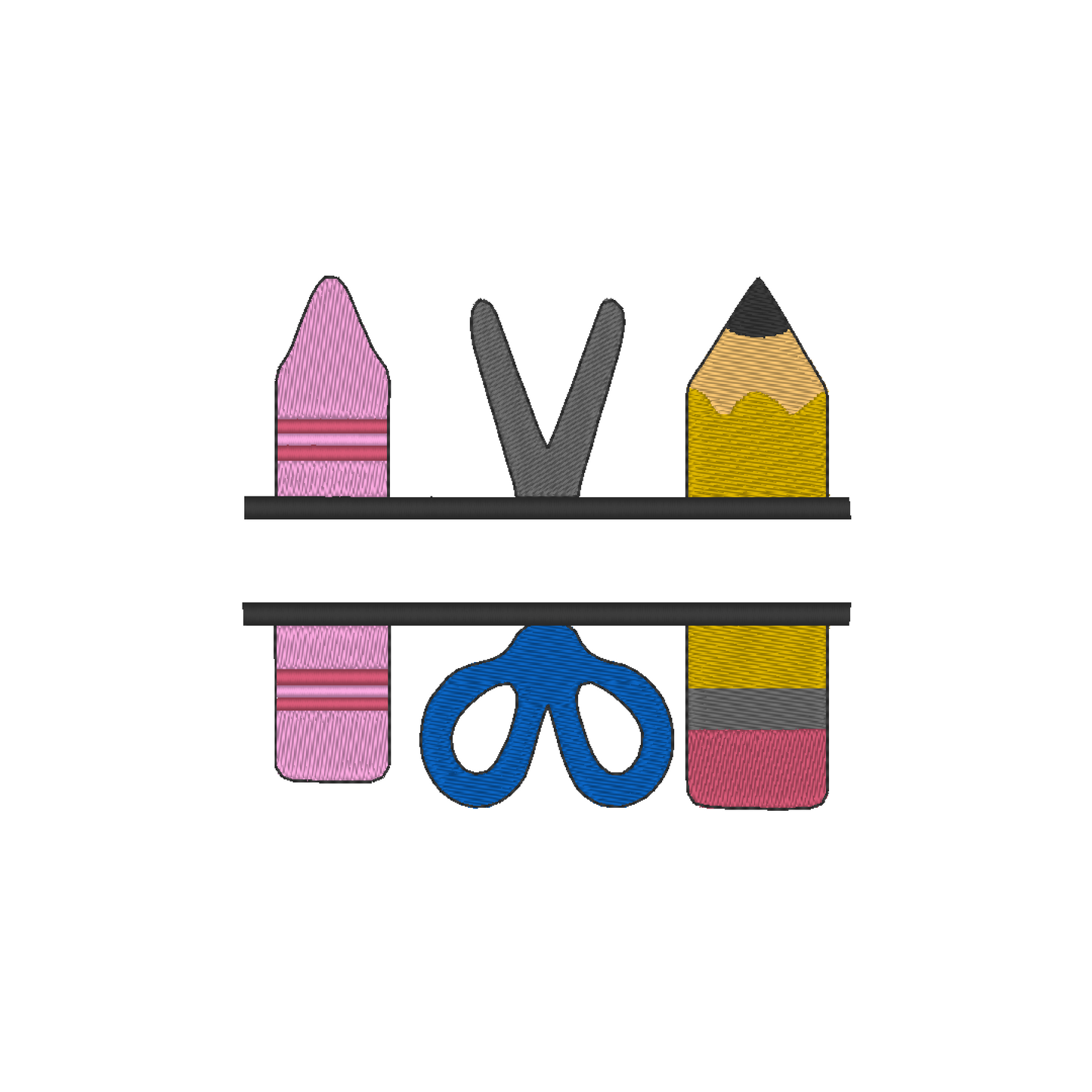 Machine embroidery design: Crayon, Scissors, and Pencil Split Monogram, symbolizing creativity and education in a unique and personalized design