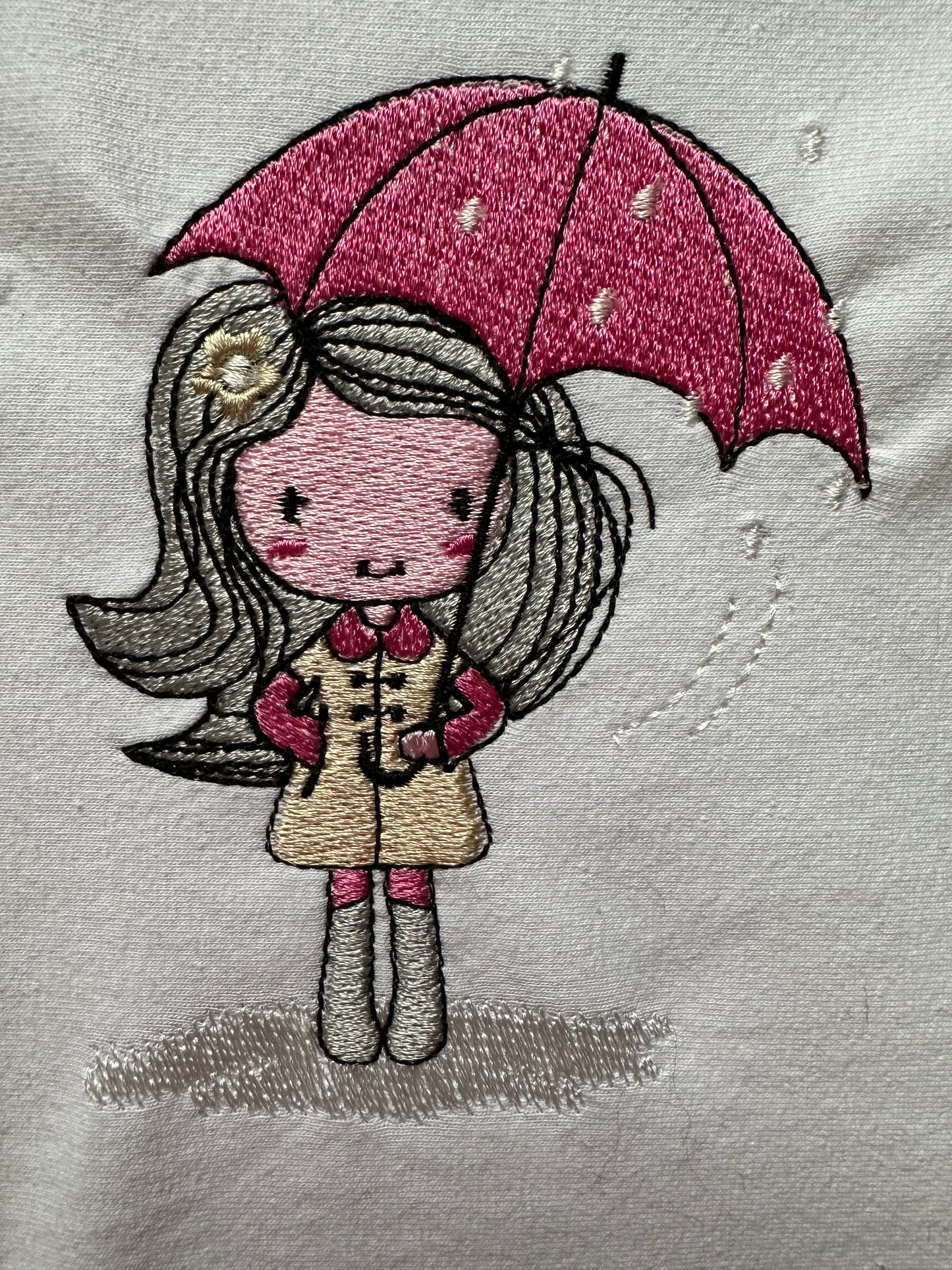 Machine embroidery design: Cute girl under an umbrella in the rain, capturing the innocence and charm of a child enjoying a rainy day