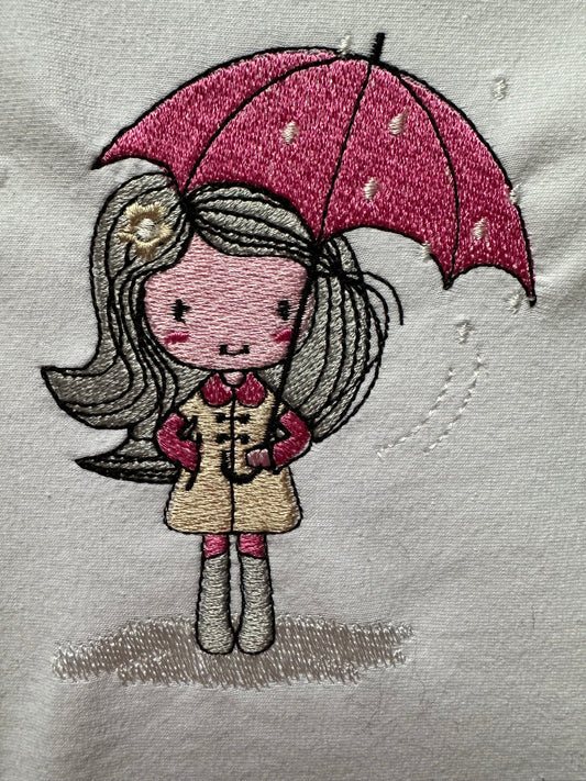 Machine embroidery design: Cute girl under an umbrella in the rain, capturing the innocence and charm of a child enjoying a rainy day