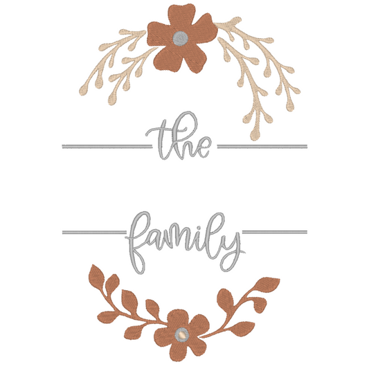 Machine embroidery design featuring a decorative frame with a family name