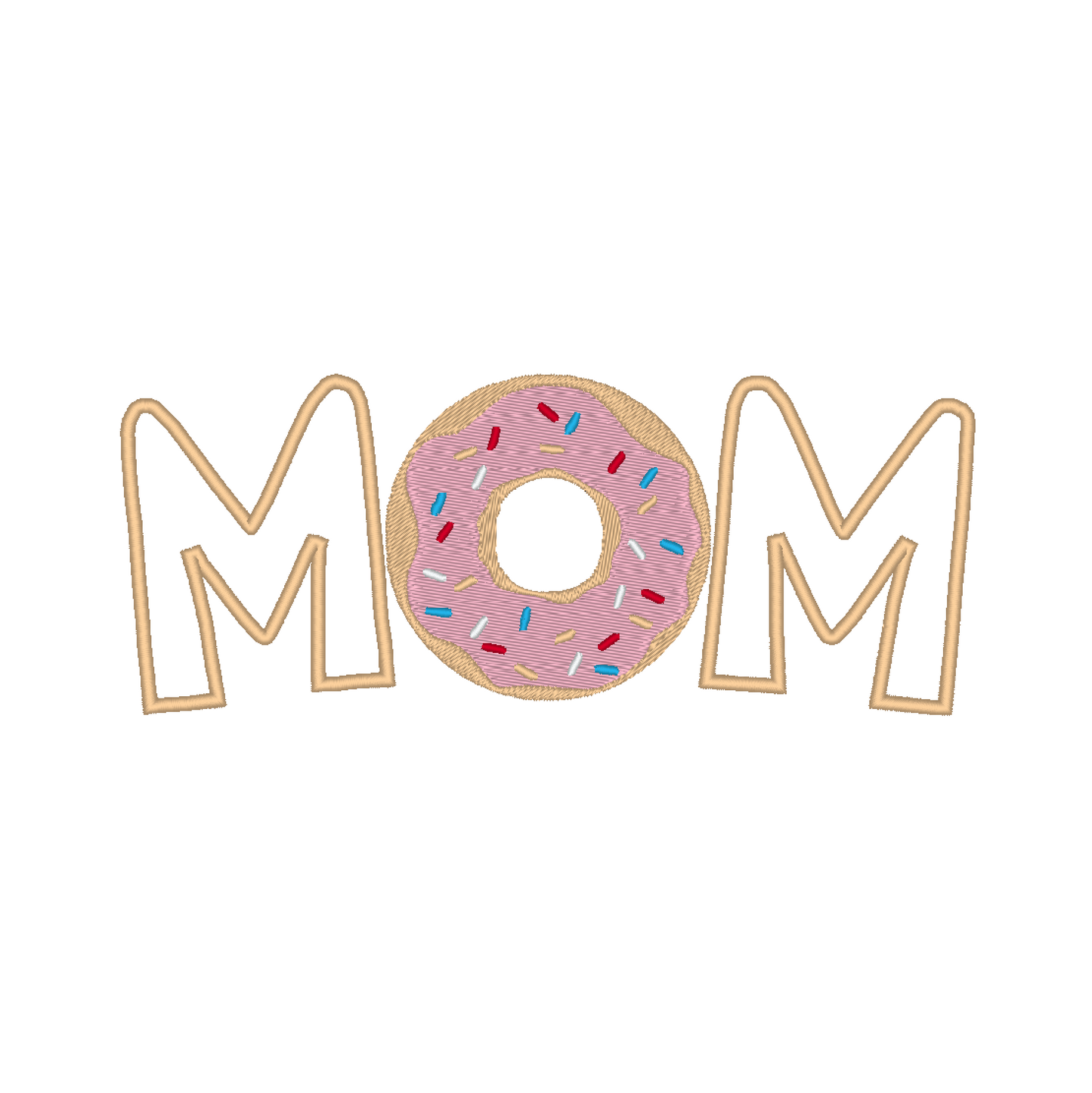 A colorful machine embroidery design featuring the word 'MOM' with a playful twist. The letter 'i' is replaced by a scrumptious donut, adorned with colorful icing and sprinkles 