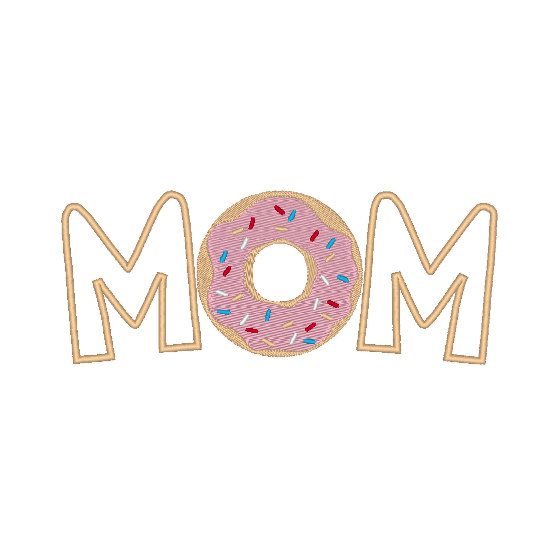 A colorful machine embroidery design featuring the word 'MOM' with a playful twist. The letter 'i' is replaced by a scrumptious donut, adorned with colorful icing and sprinkles 