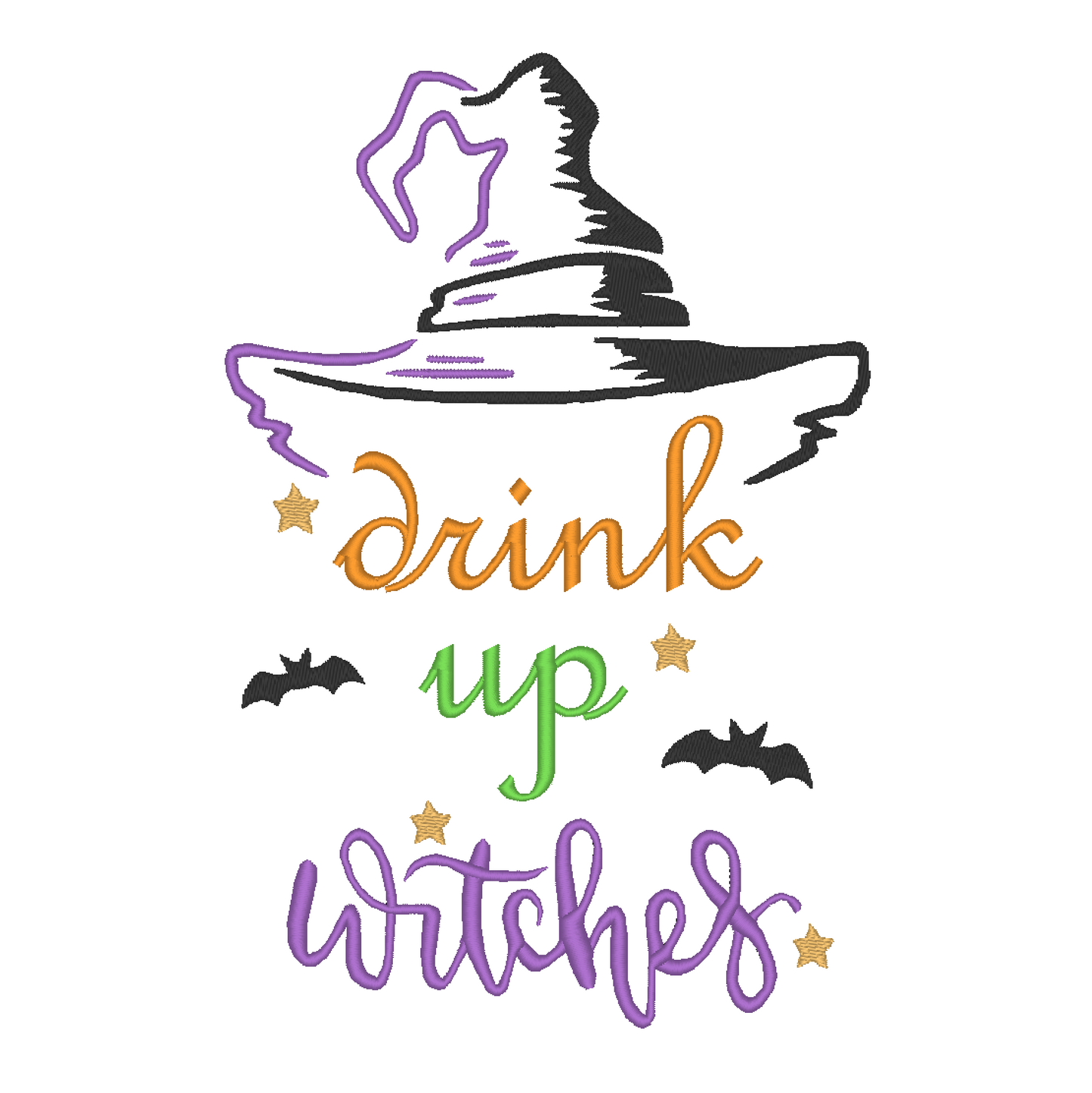 A machine embroidery design featuring the phrase 'Drink Up Witches' in an elegant font, with a witch's hat perched above the text