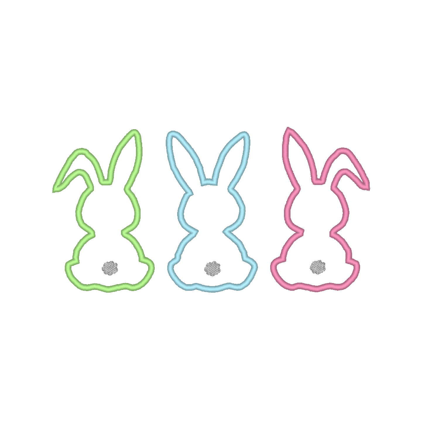 Easter Bunnies Applique Machine Embroidery Design: Playful bunnies ideal for garments and home decor projects, adding vibrant Easter charm