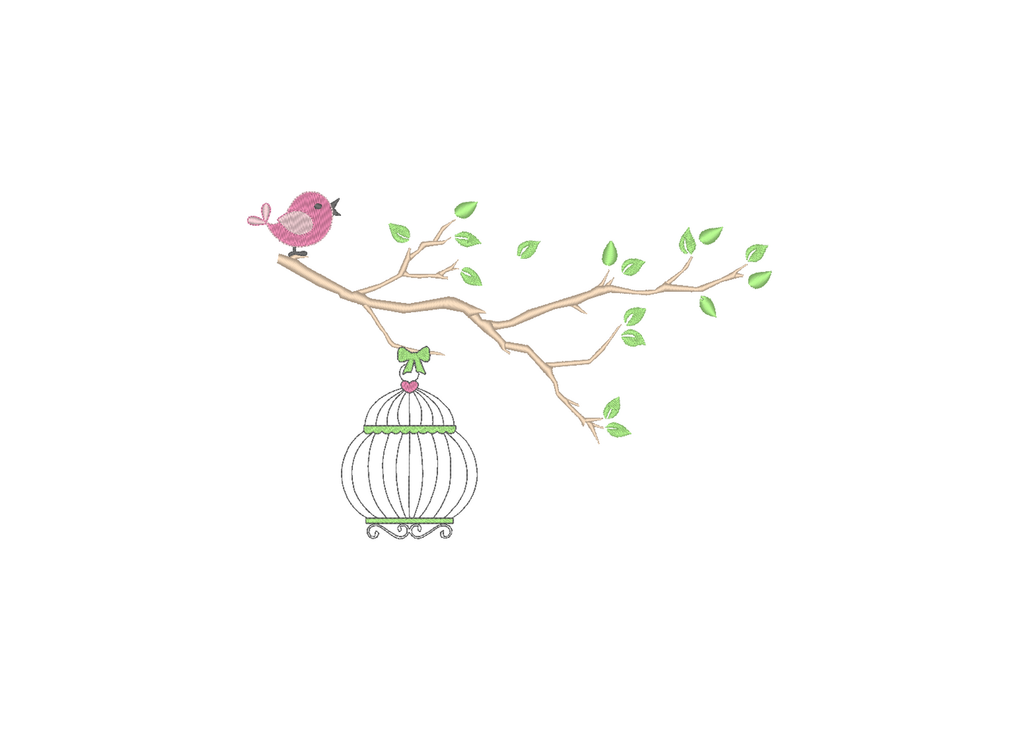 Embroidered design of a bird and bird cage on a tree branch, showcasing elegance and charm