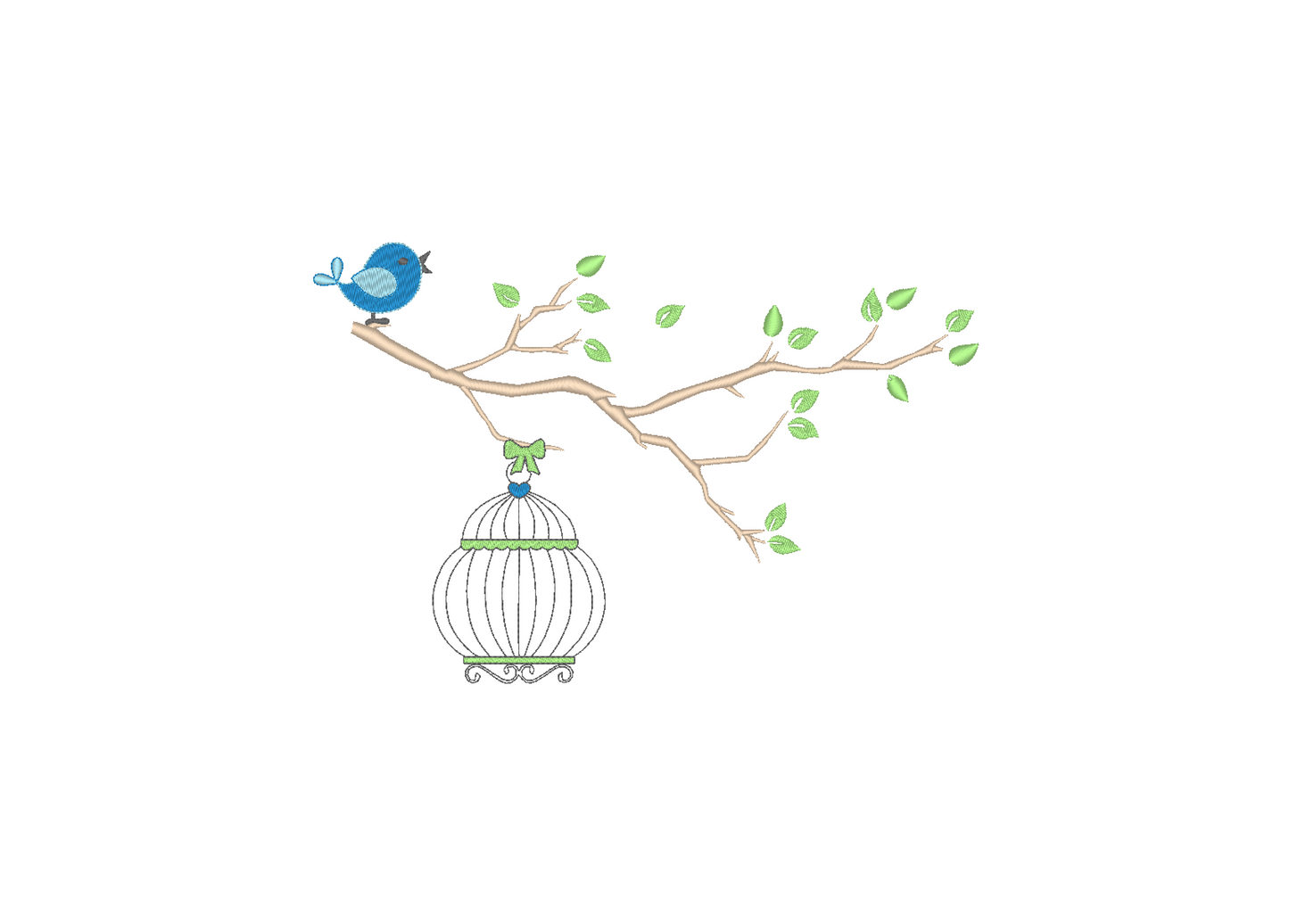 Embroidered design of a bird and bird cage on a tree branch, showcasing elegance and charm