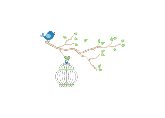 Embroidered design of a bird and bird cage on a tree branch, showcasing elegance and charm