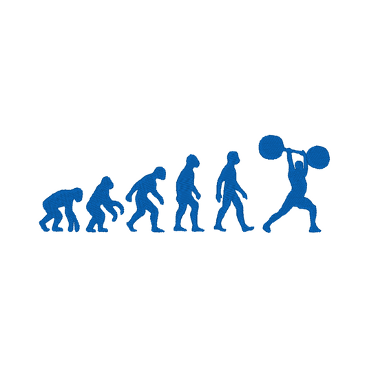 Embroidery design illustrating the stages of human evolution culminating in a weightlifting figure