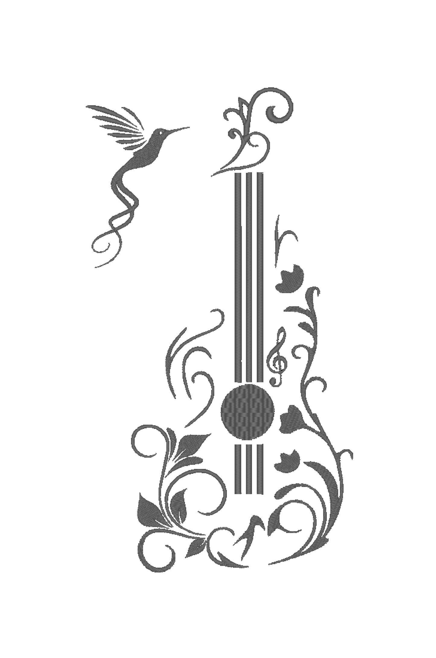 Guitar with Floral Details and Hummingbird Embroidery Design