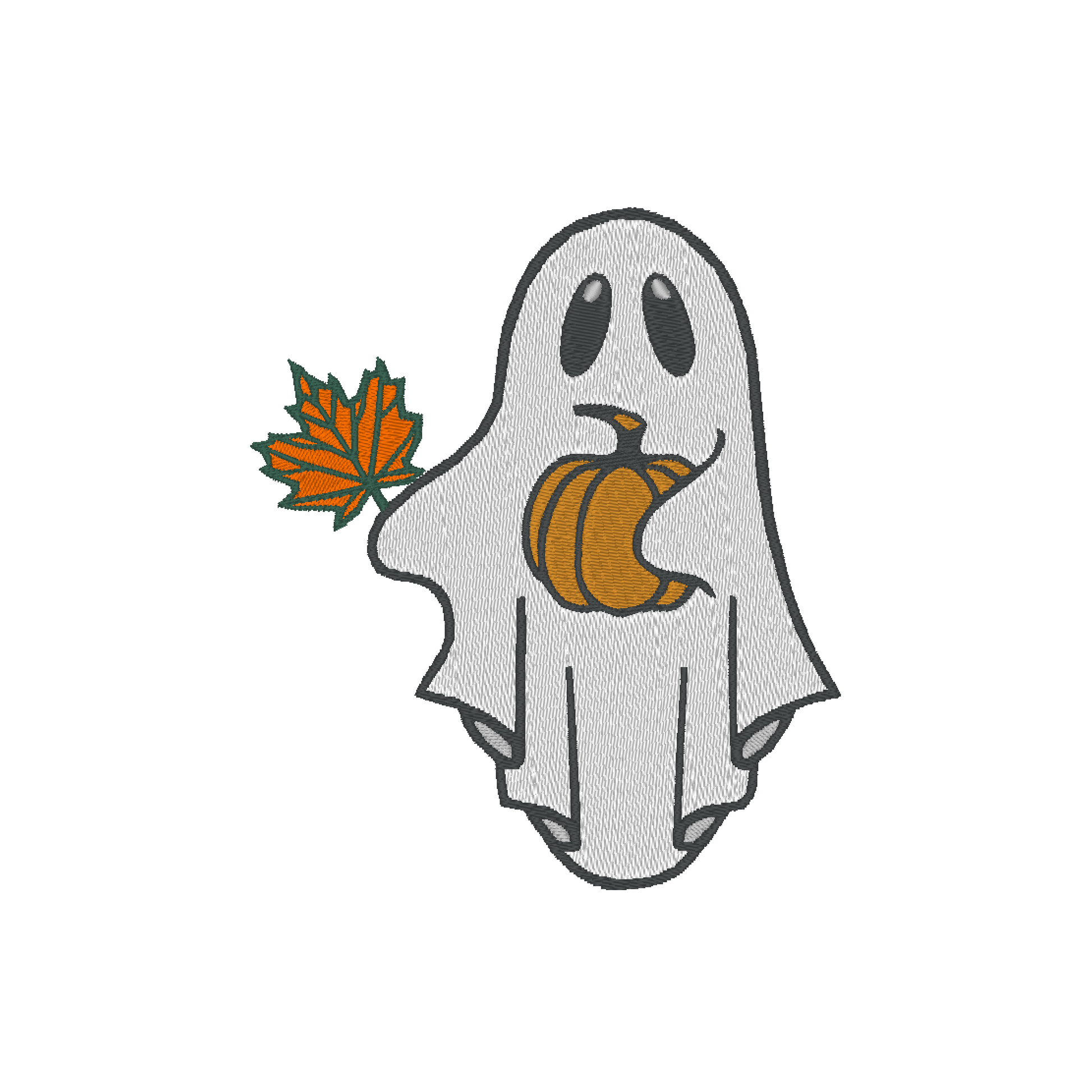 Embroidery design featuring a friendly ghost holding a pumpkin and a maple leaf