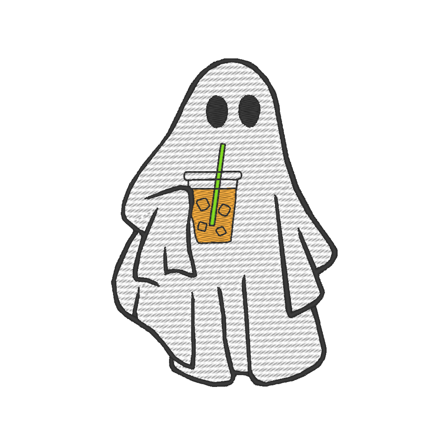 Playful Ghost with Iced Coffee Embroidery Design - Perfect for Halloween projects