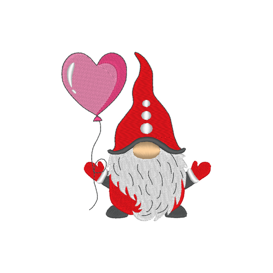 Embroidery design: Gnome with heart balloon. Playful, charming, and ideal for Valentine's Day or expressing love