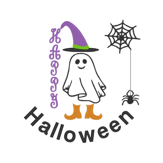 Halloween Ghost Embroidery Design: Friendly ghost with witch's hat and boots, spider, web and "Happy Halloween" inscription