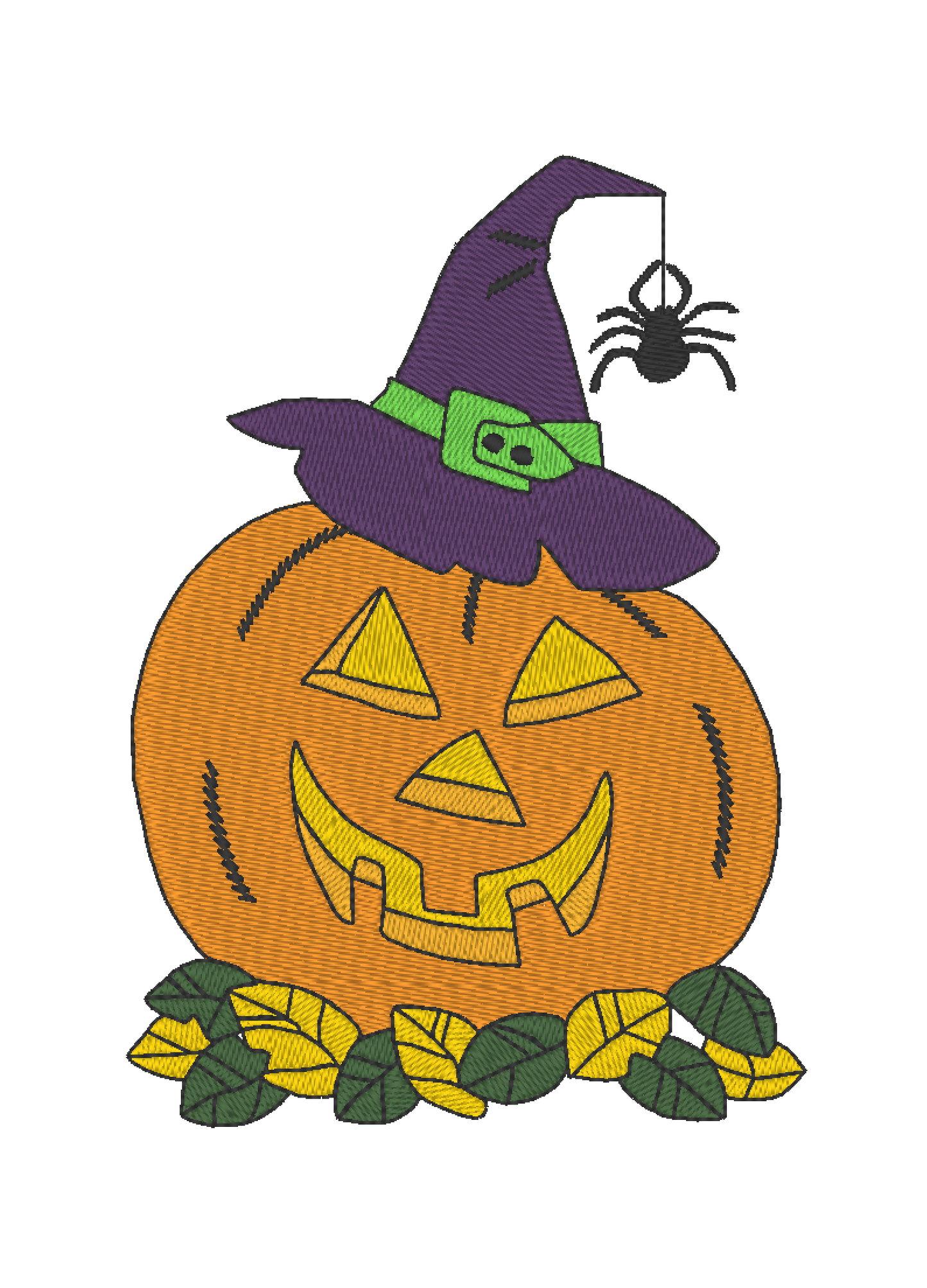 Embroidery design featuring a cheerful Jack-o'-Lantern wearing a witch's hat