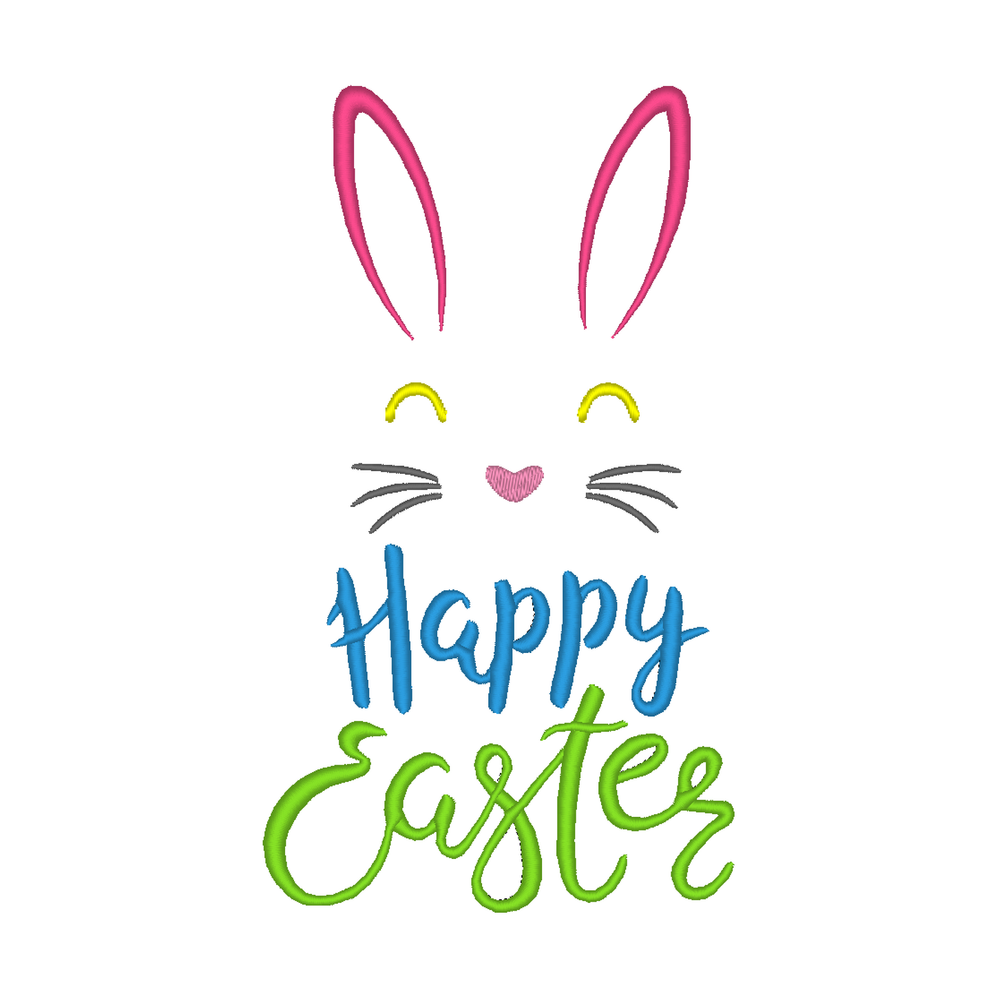 A machine embroidery design for Easter featuring an illustration of a rabbit above the text "Happy Easter"