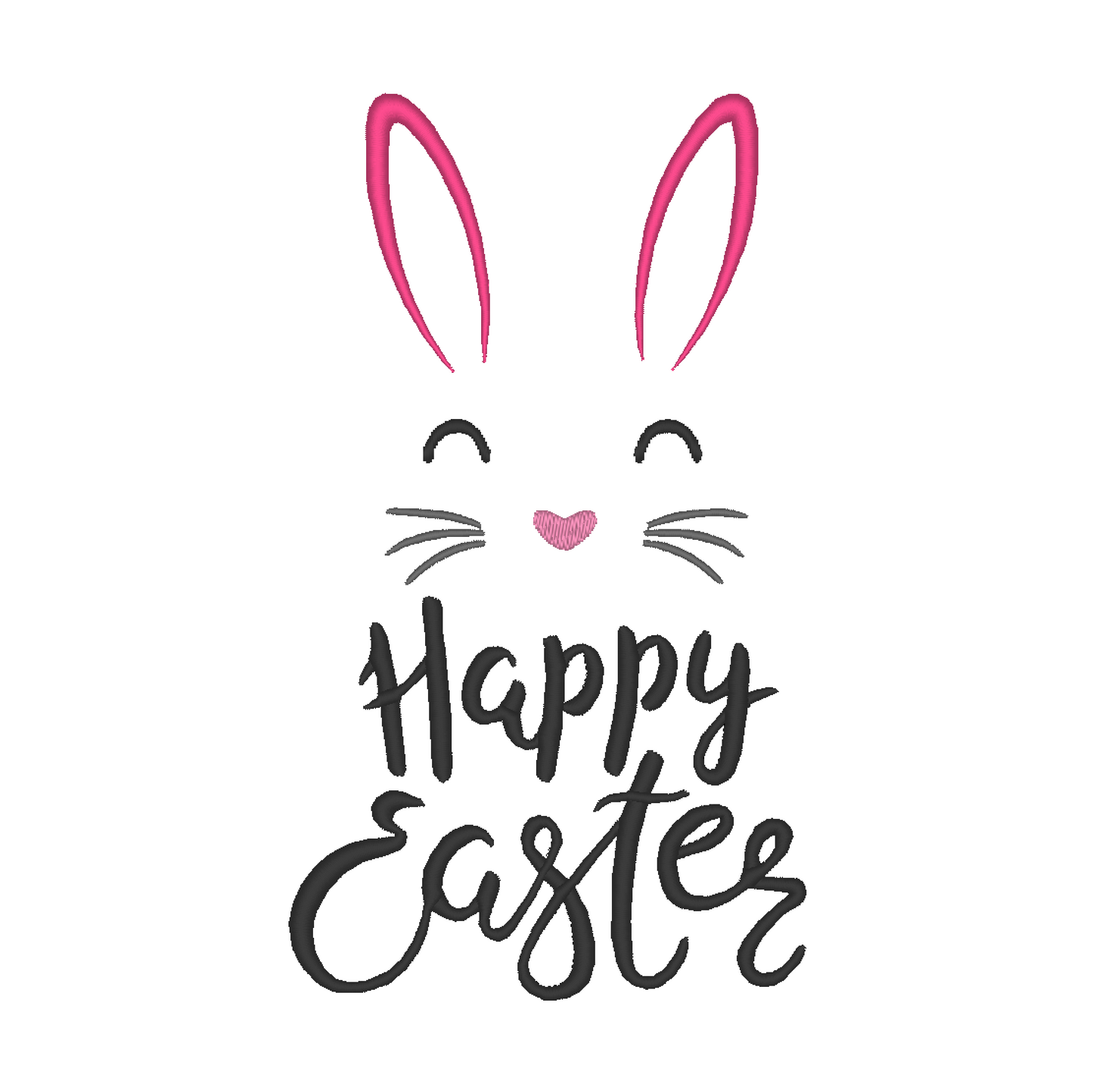 A machine embroidery design for Easter featuring an illustration of a rabbit above the text "Happy Easter"