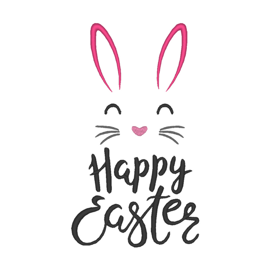 A machine embroidery design for Easter featuring an illustration of a rabbit above the text "Happy Easter"