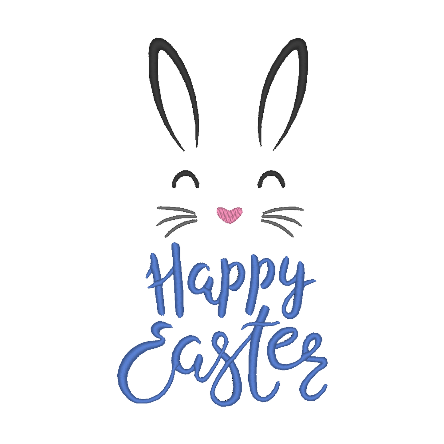 A machine embroidery design for Easter featuring an illustration of a rabbit above the text "Happy Easter"