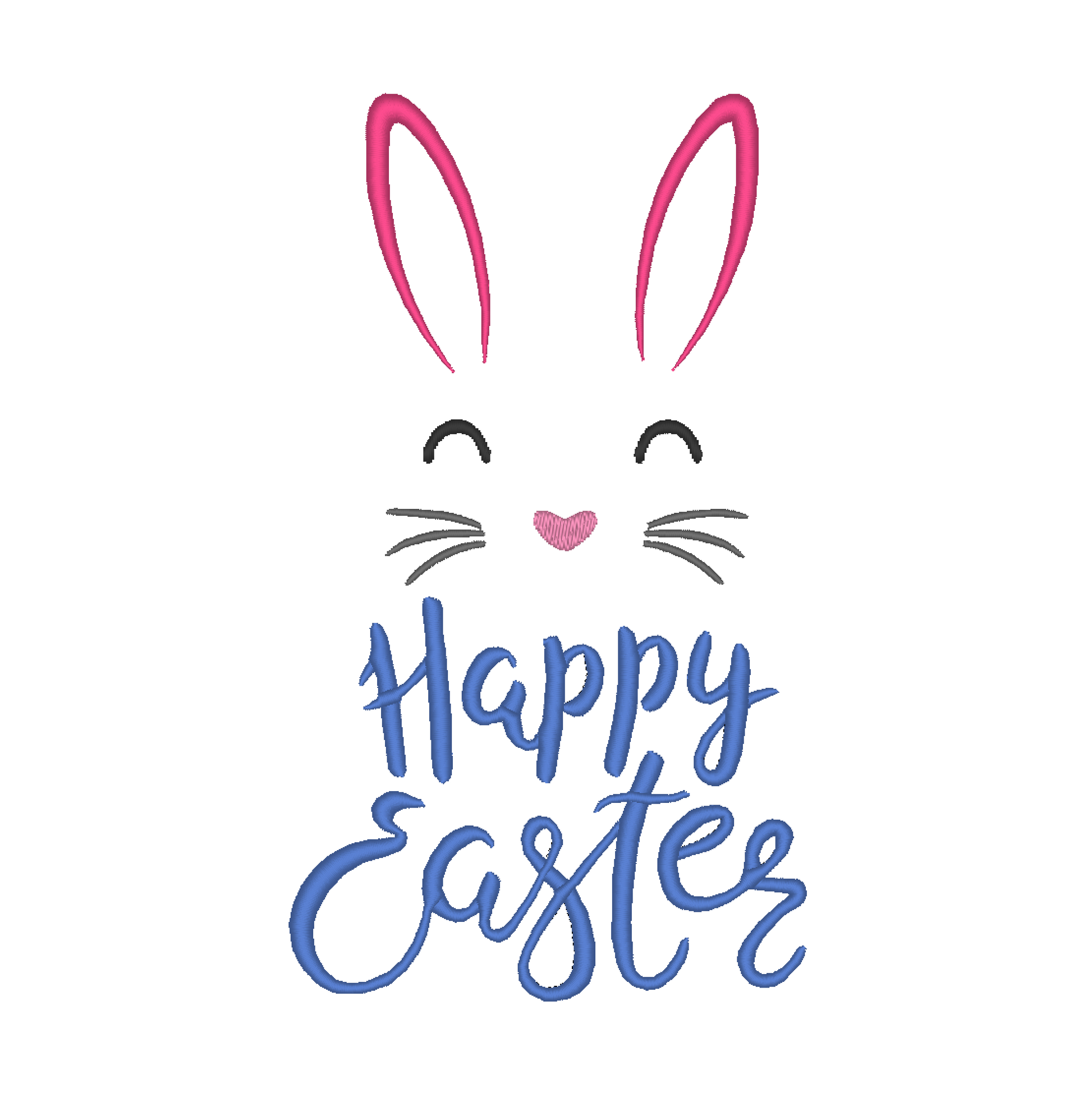 A machine embroidery design for Easter featuring an illustration of a rabbit above the text "Happy Easter"