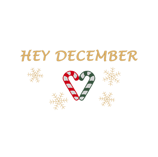 Embroidery design showcasing 'Hey December' accompanied by a candy cane heart and detailed snowflakes