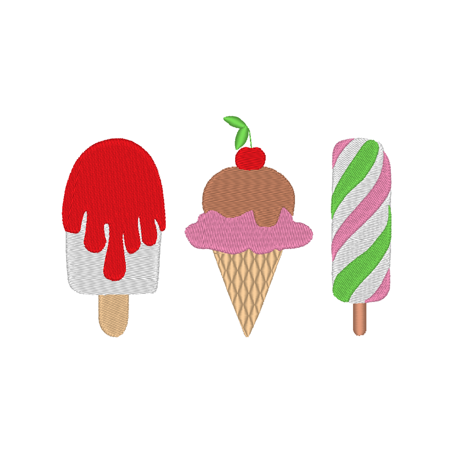 Embroidery design featuring three delectable ice creams